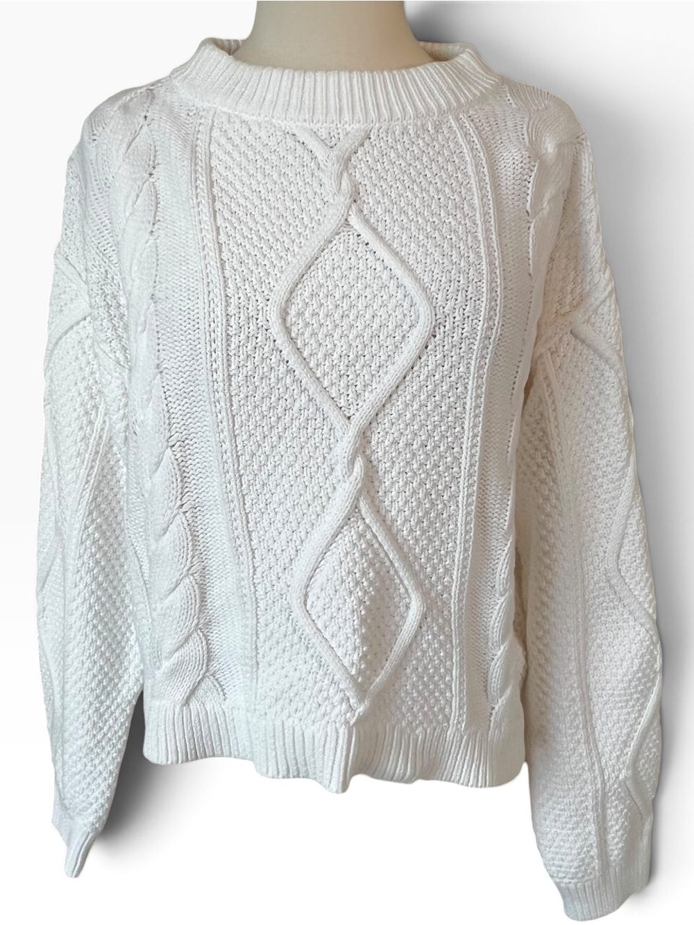 Quince 100% Organic Cotton Cropped Cable Crew Sweater Ivory M Fisherman